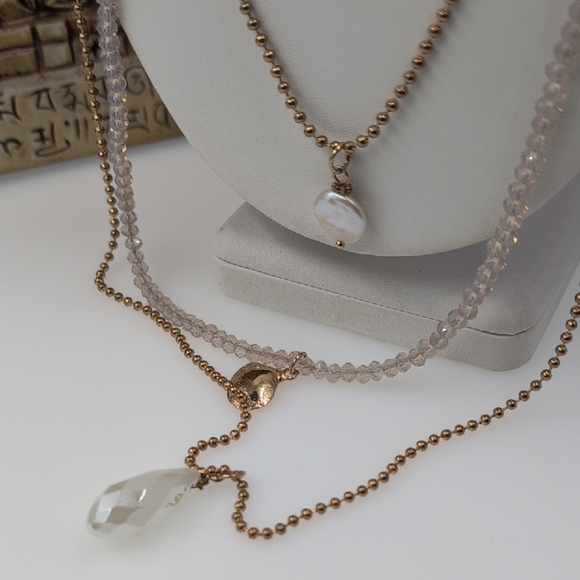 Brown and Gold Layered Necklace with Dainty Chains - Picture 3 of 7